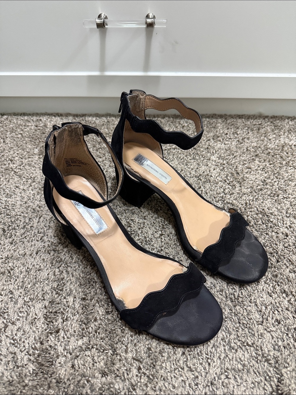 INC International Concepts Black Scalloped Ankle-Strap Block Heels